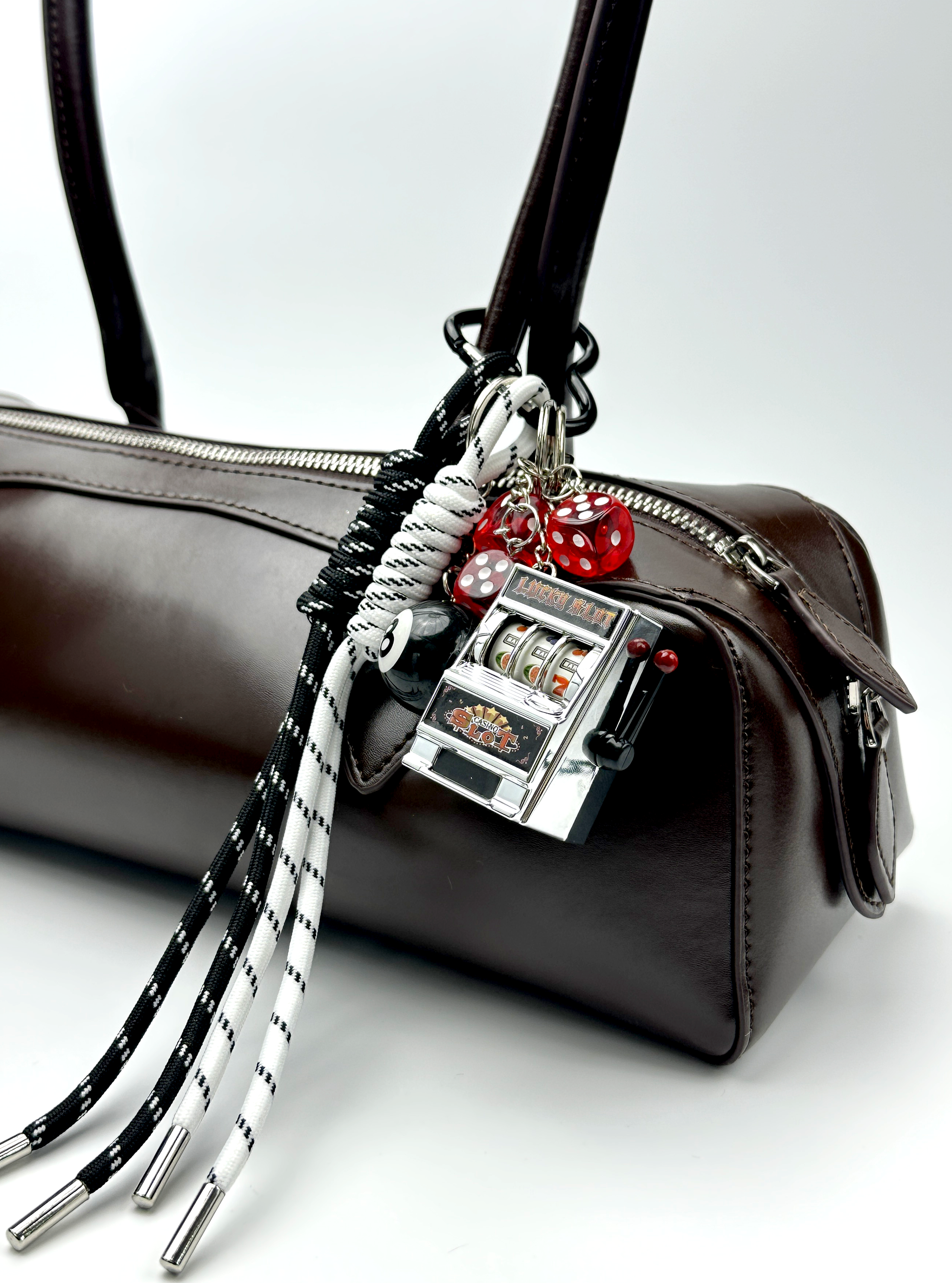 Vintage Miniature playable Slot Machine Bag Charm with dice, 8-ball, and heart ring from lil cacti