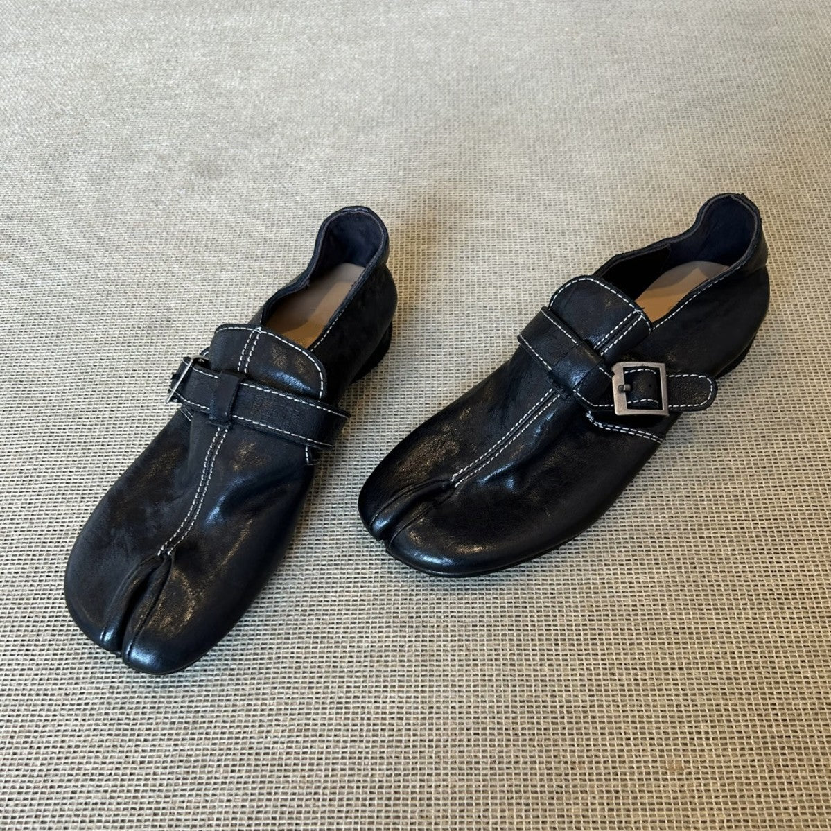 Rue — Black Tabi Loafers top-down flatlay, whimsigoth dark feminine aesthetic — Lil Cacti