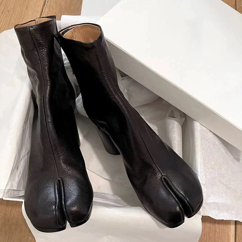Daria black leather tabi boots with split-toe silhouette, front view — Lil Cacti footwear