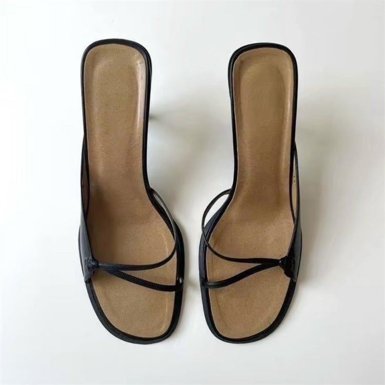 Velour black sandal heels side view — Lil Cacti