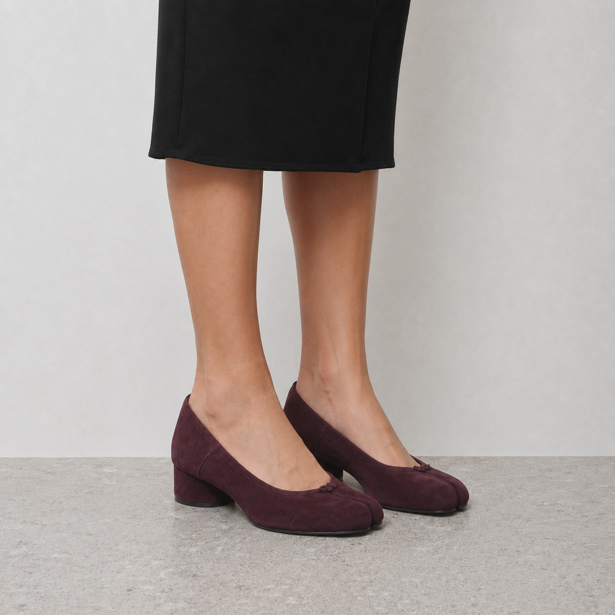 Amelora Suede Tabi Heels - Plum by Lil Cacti — vegan tabi heel, side profile