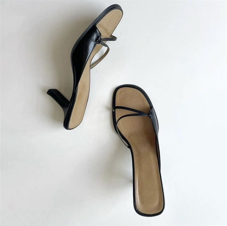 Velour black sandal heels angle view — Lil Cacti