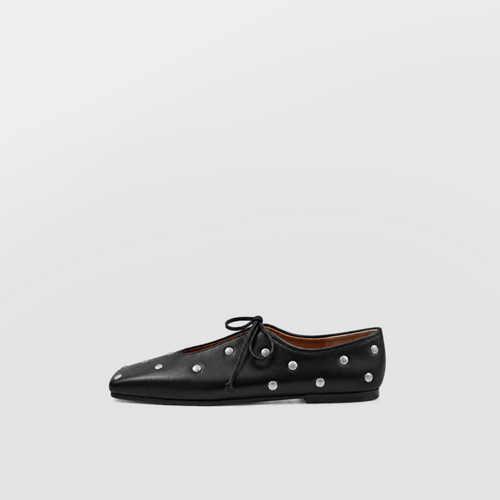 Adora Square Toe Studded Ballet Flats by Lil Cacti — side profile of one black flat, silver studs and cord tie bow at vamp