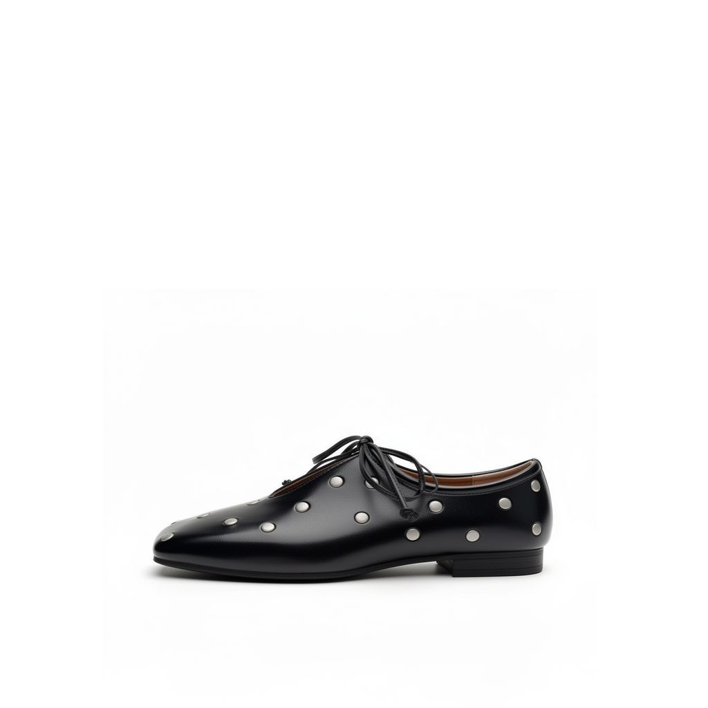 Adora square toe studded ballet flats in black leather, front view on white background — Lil Cacti footwear