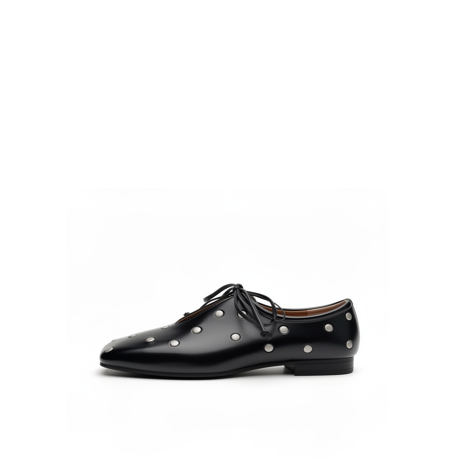 Adora square toe studded ballet flats in black leather, front view on white background — Lil Cacti footwear