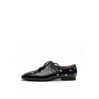 Adora square toe studded ballet flats in black leather, front view on white background — Lil Cacti footwear