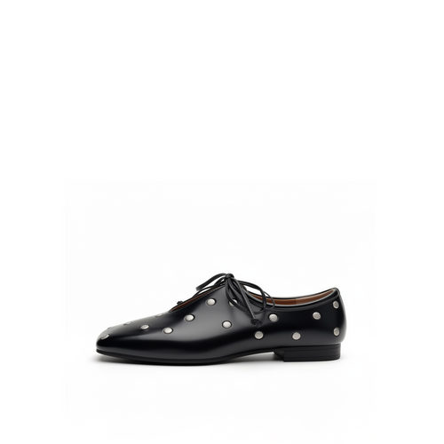 Adora square toe studded ballet flats in black leather, front view on white background — Lil Cacti footwear