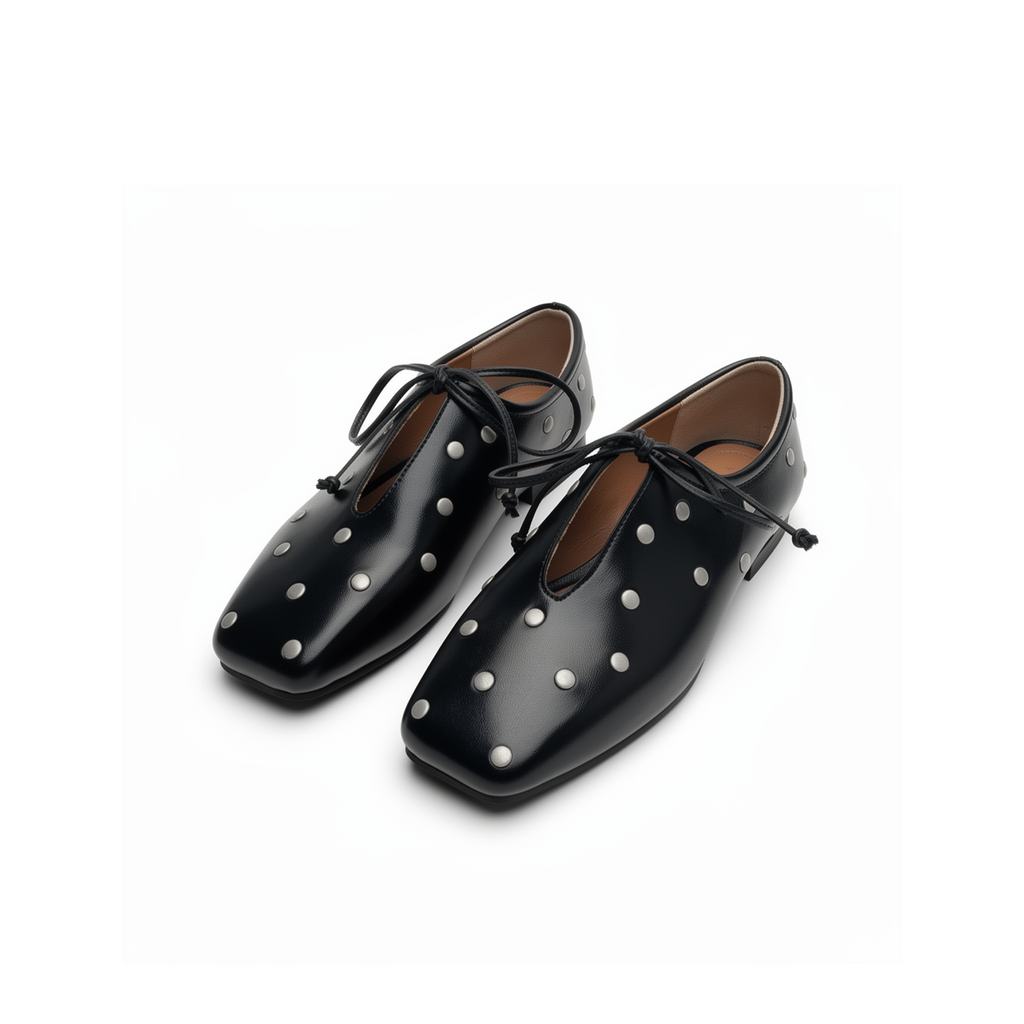 Side profile of Adora studded black flats showing square toe silhouette and flat sole — Lil Cacti