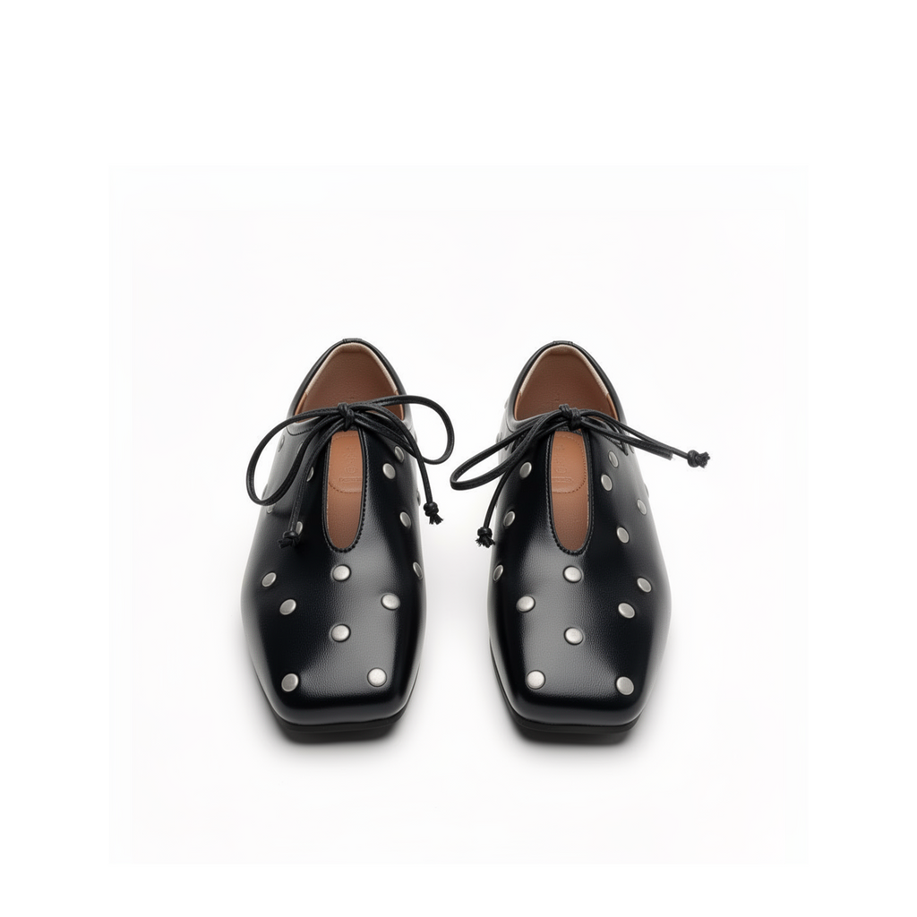 Adora — Black Square Toe Studded Ballet Flats top view showing silver studs and cord lace tie