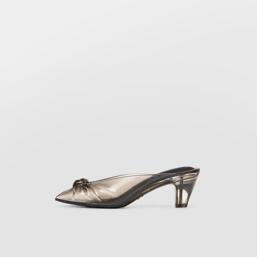 Amara Jelly Mule by Lil Cacti — side profile of the black smoke jelly mule, knotted peep toe and clear kitten heel