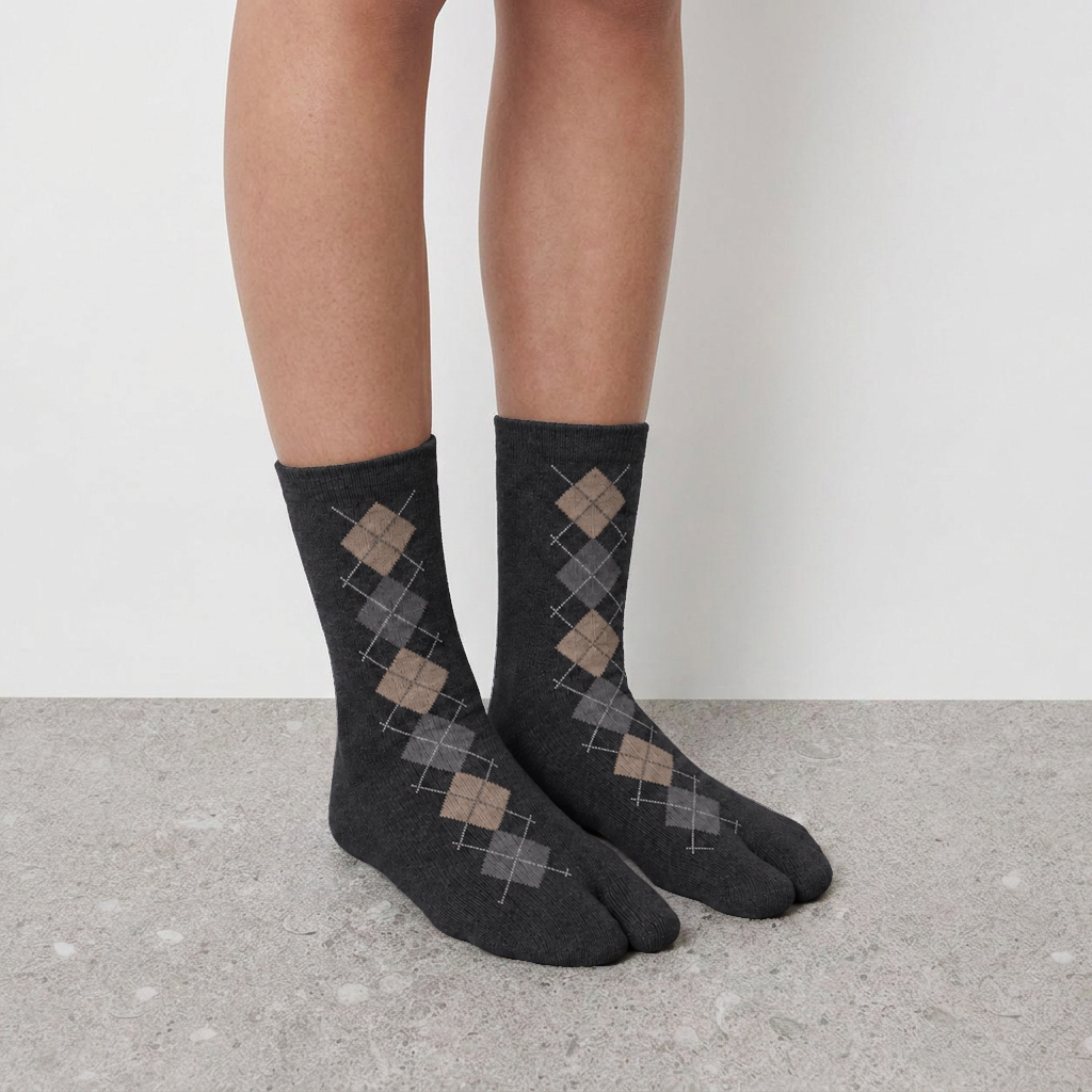 Lil Cacti Ottilia Argyle Tabi Socks in Dark Gray model styling view 15