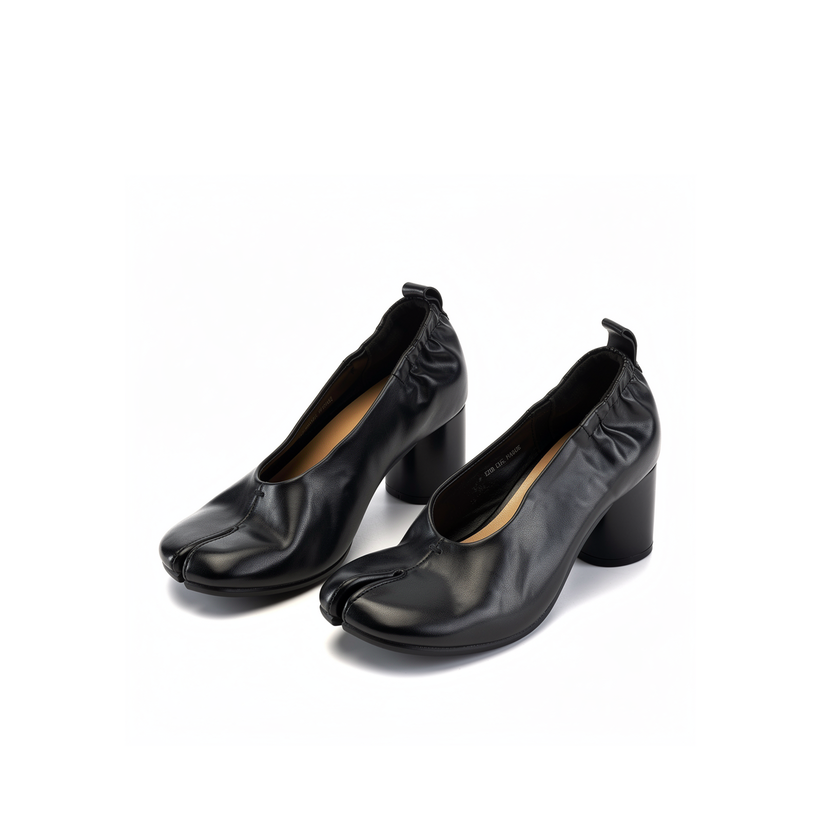 Side profile of Amelora black leather tabi heels showing sculpted heel and split toe