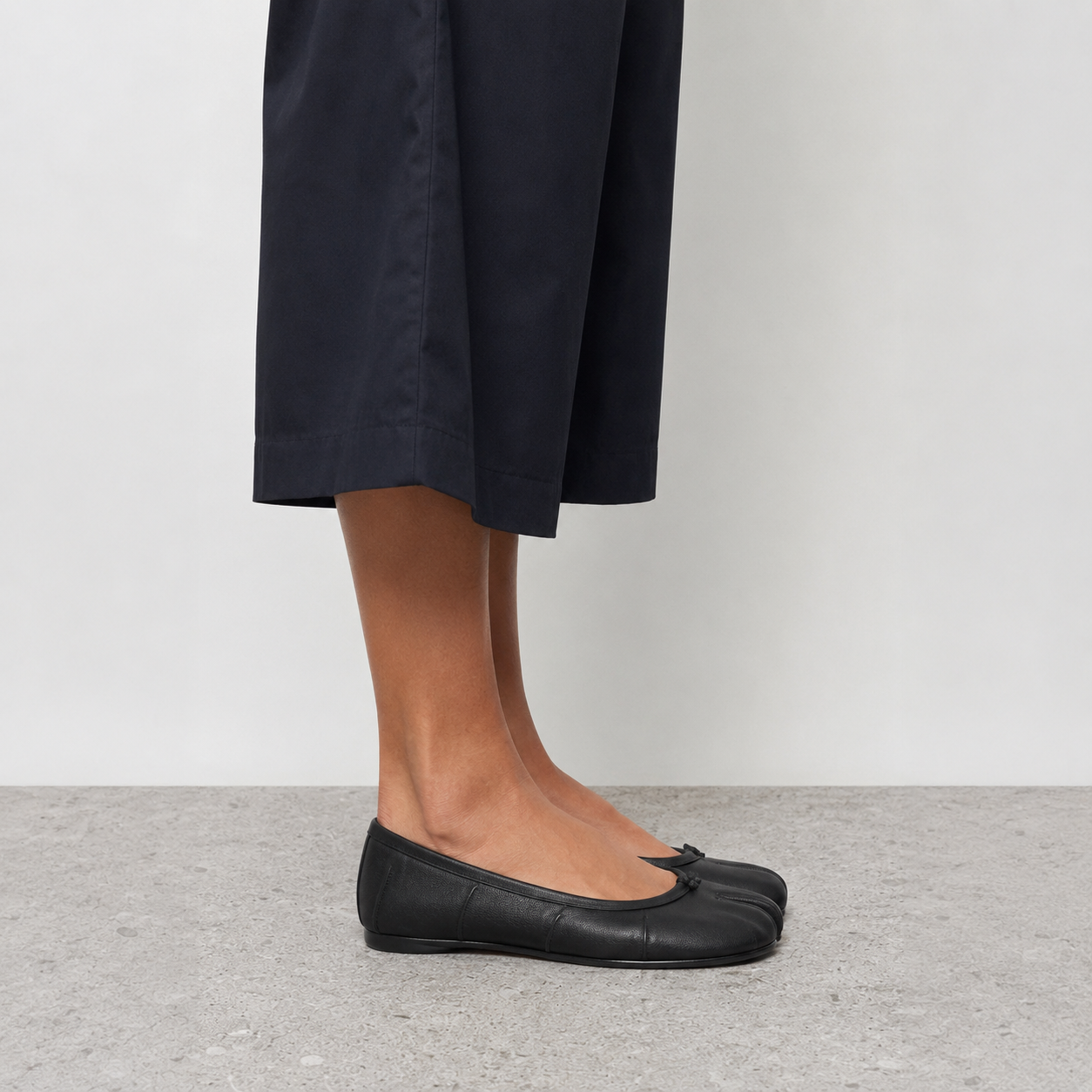 Amelora Black Leather Tabi Ballet Flats by Lil Cacti — vegan tabi flat, close-up of the toe detail