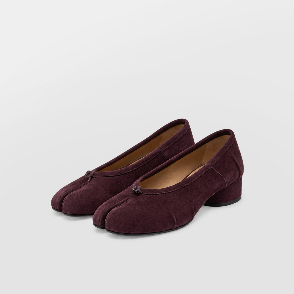 Amelora Suede Tabi Heels - Plum by Lil Cacti — vegan tabi heel, styled on-model shot