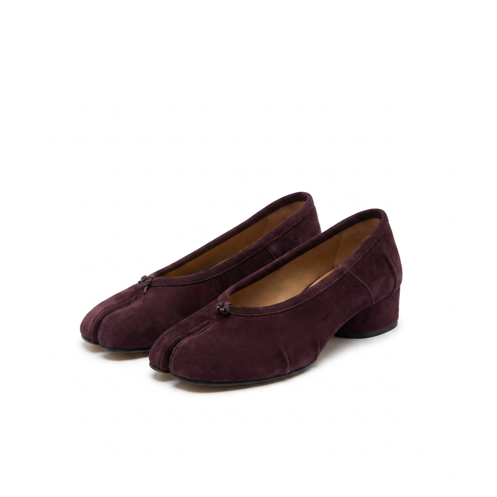 Plum suede tabi shoes with split toe and block heel