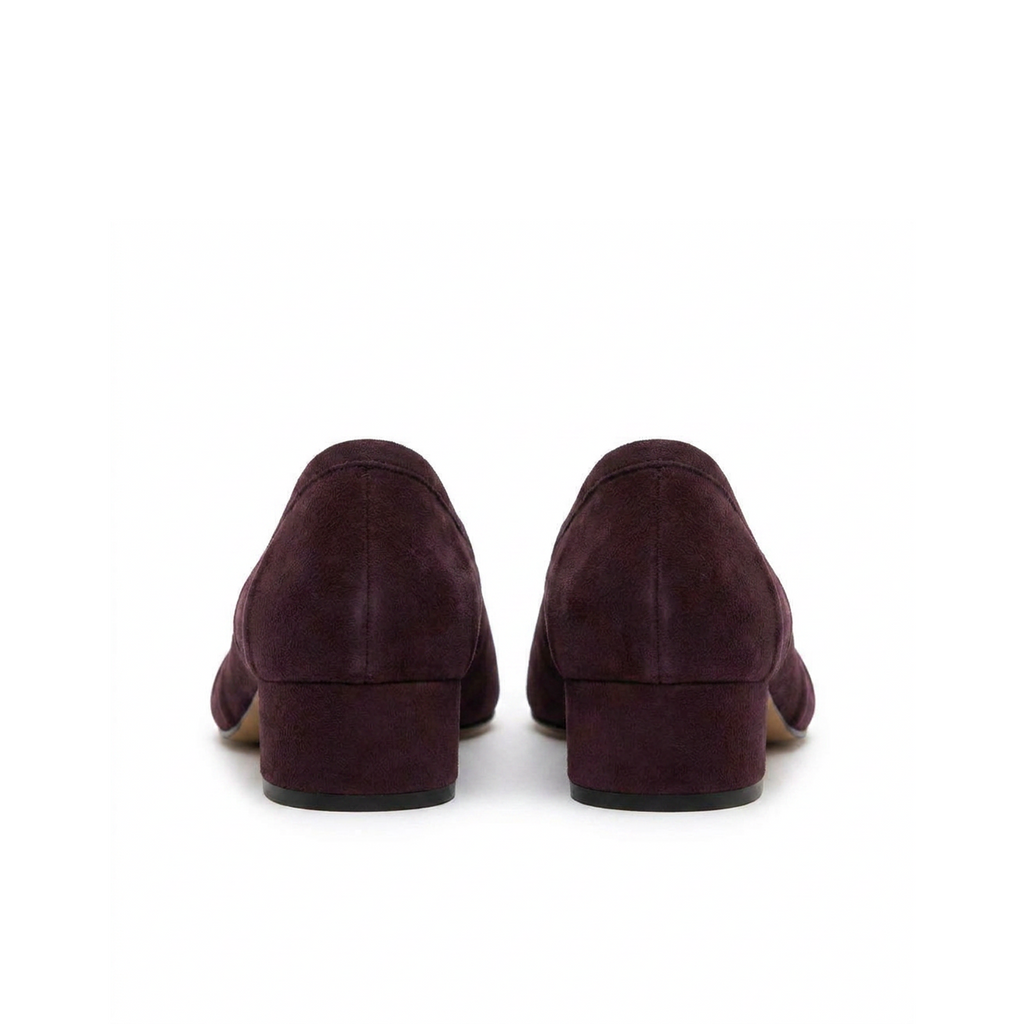 Purple suede split toe heels, three-quarter angle view