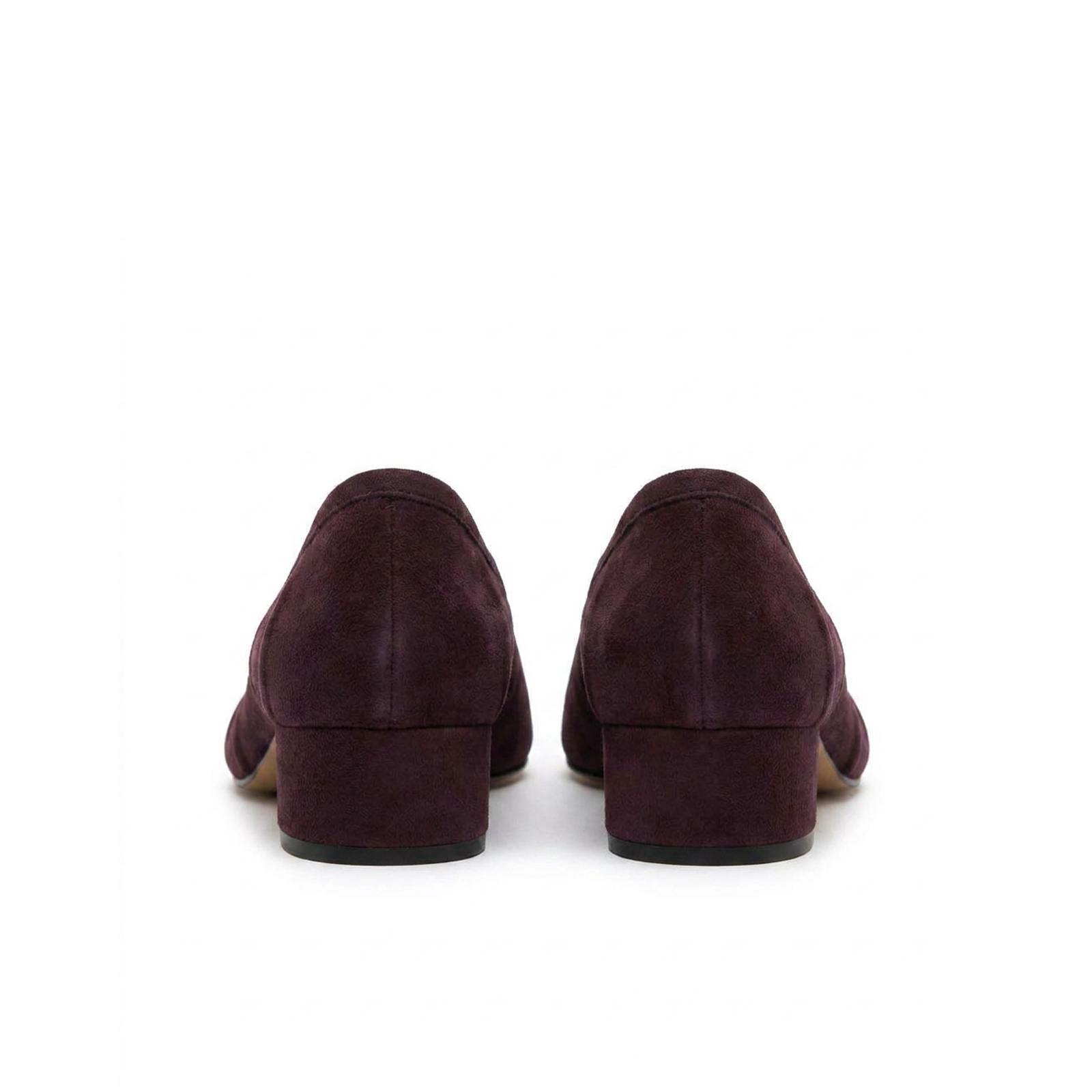 Purple suede split toe heels, three-quarter angle view