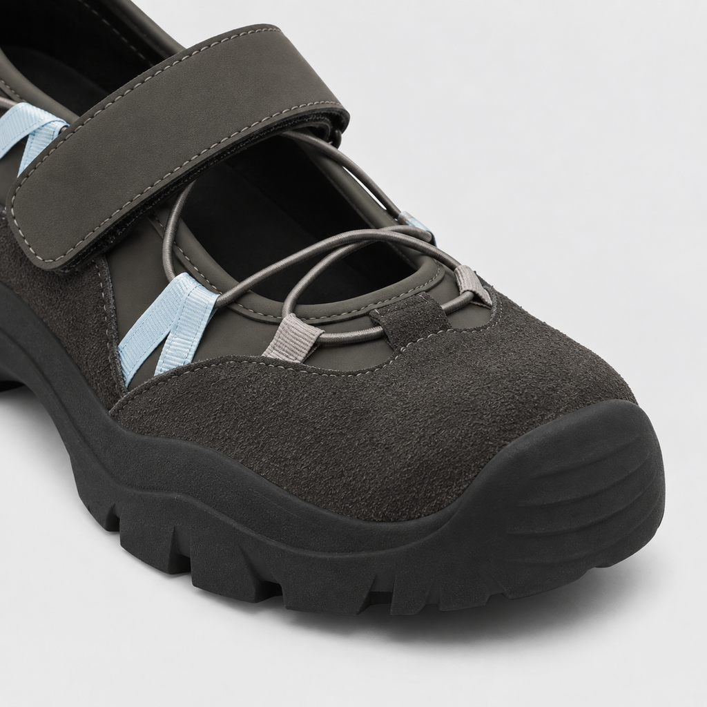 Aria Mary Jane Sneaker by Lil Cacti — close-up of brushed toe cap, elastic cord lacing and blue webbing