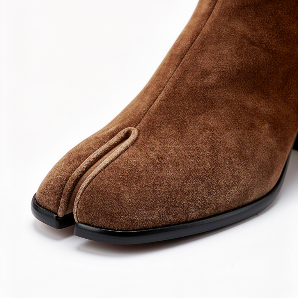 Back view of Aurelia frosted brown suede tabi boots, earthy dark feminine aesthetic