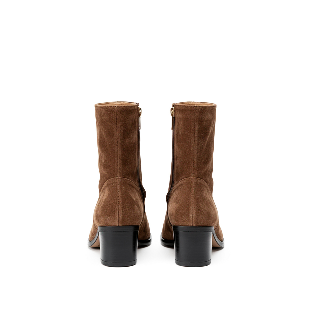 Aurelia brown suede tabi boots top-down view showing split-toe and suede texture