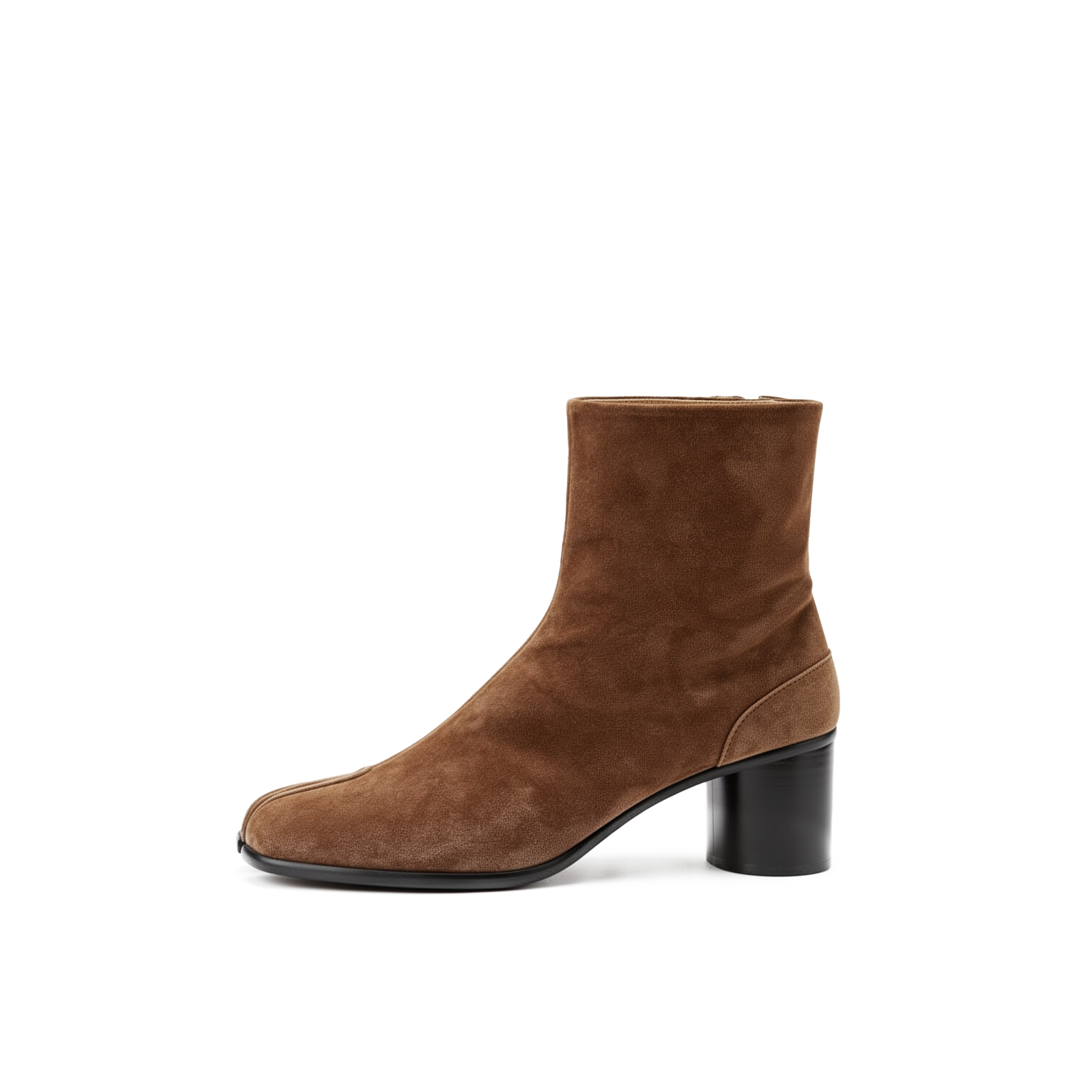 Aurelia brown frosted suede tabi boots front view with split-toe silhouette — Lil Cacti footwear