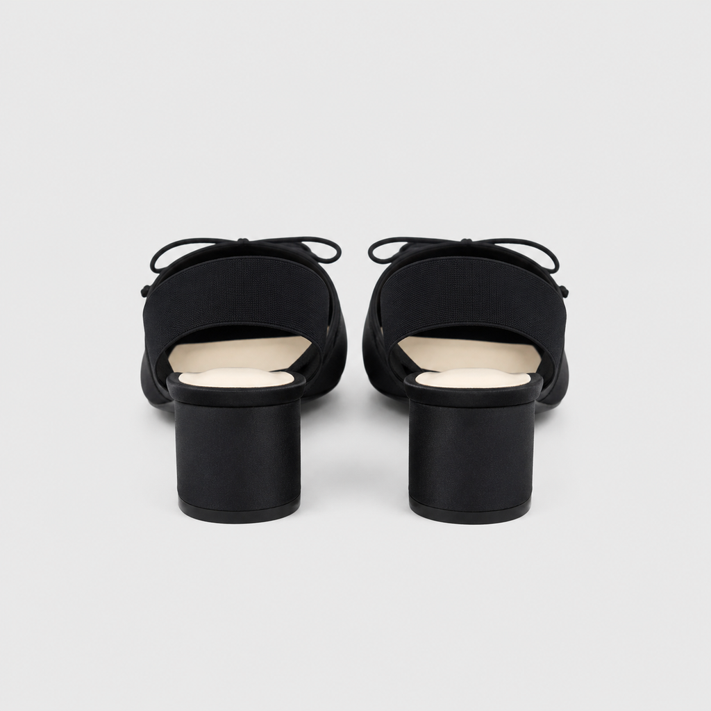 Back view of the satin sandals showing the block heel shape