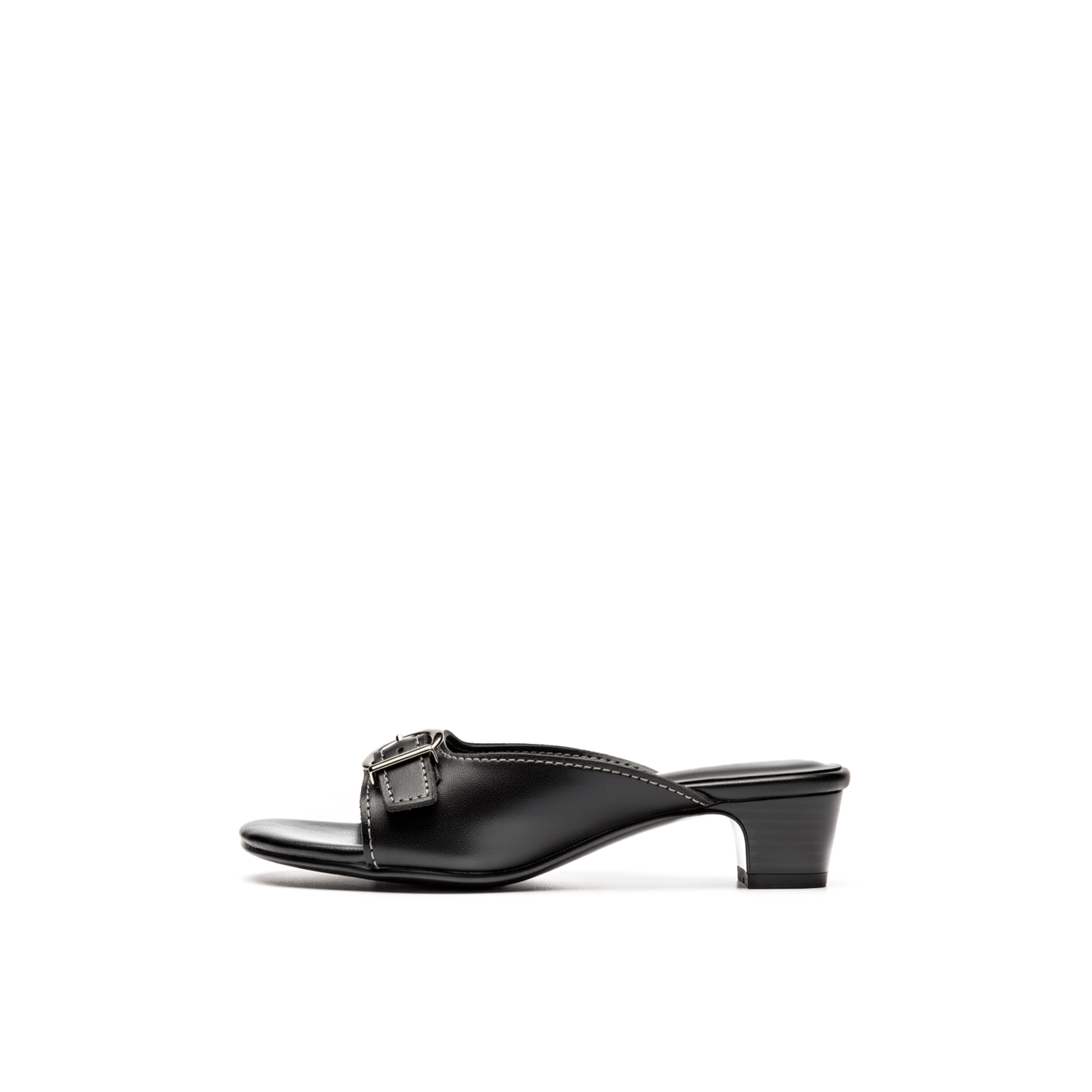 Belvra buckle mule heels in black, front view on white background — Lil Cacti footwear