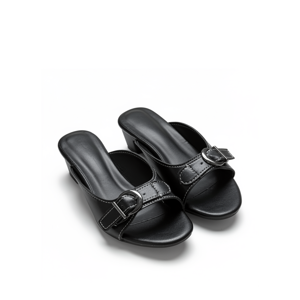 Close-up of buckle strap detail on Belvra black mule heels