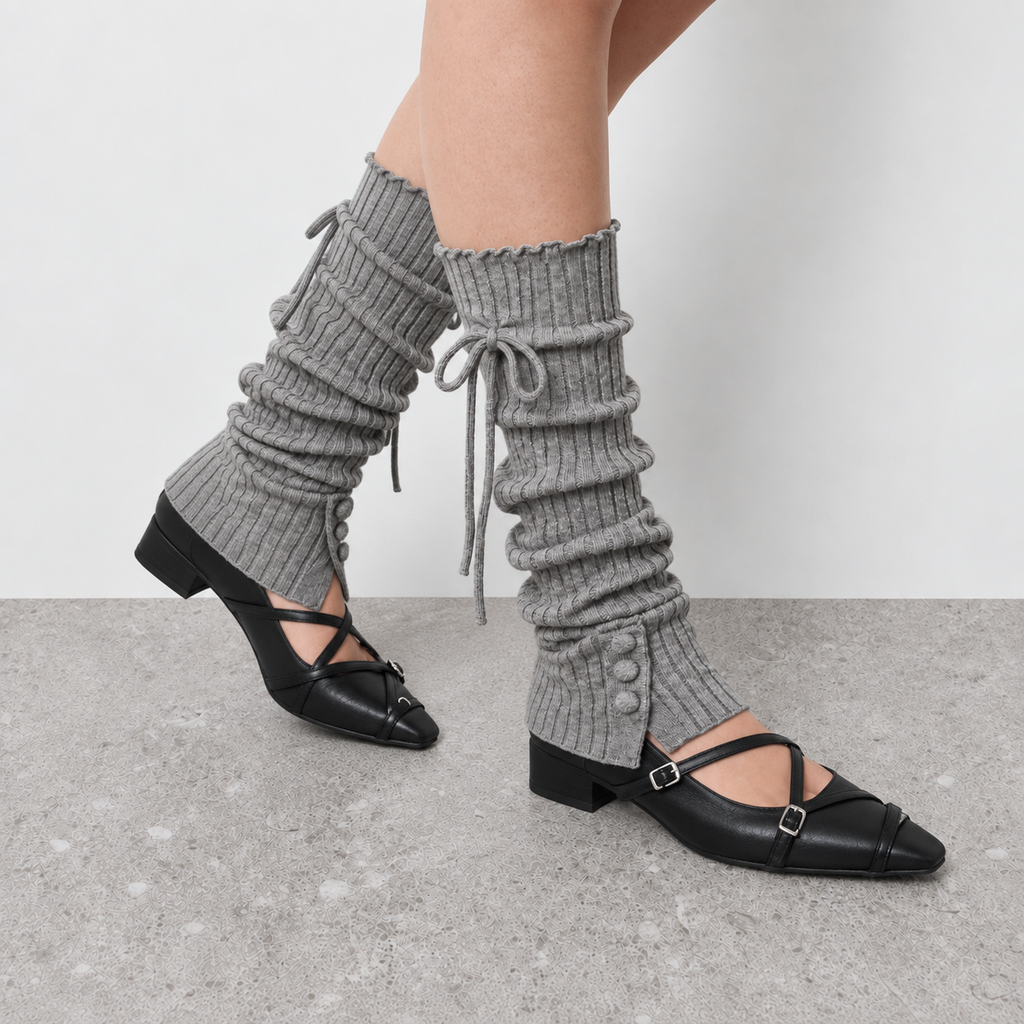 Lil Cacti knitted leg warmers shown with the ankle tie hanging loose