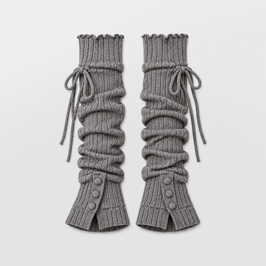 Pair of grey ribbed knitted leg warmers laid flat with tie details