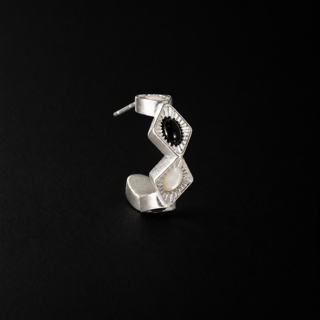 Front view of the Bolt Zigzag Hoop Earrings showing the full face, art deco earrings