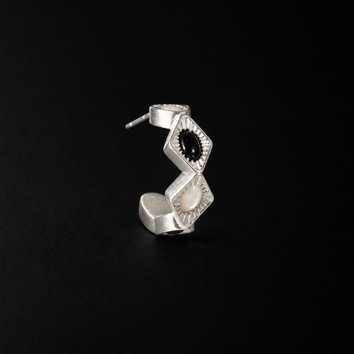 Front view of the Bolt Zigzag Hoop Earrings showing the full face, art deco earrings