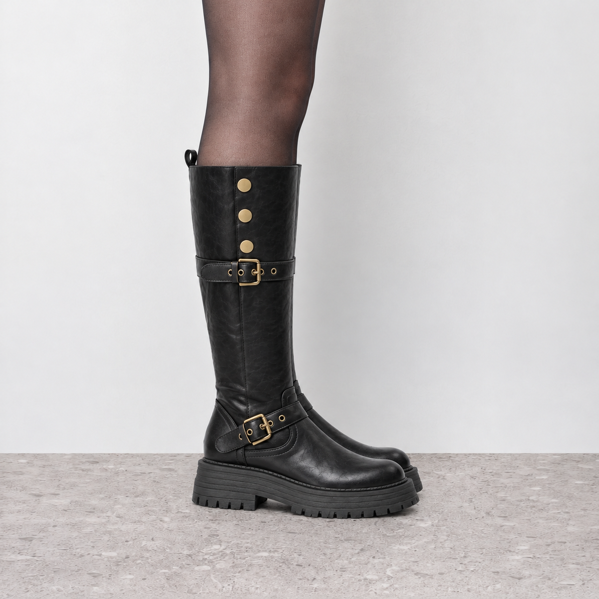 Lil Cacti Briony Buckle Platform Tall Boots in Black model styling view 2