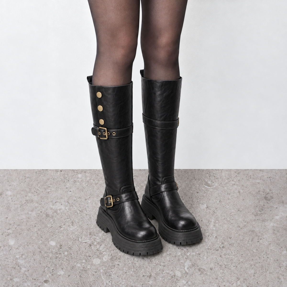 Lil Cacti Briony Buckle Platform Tall Boots in Black model styling view 3