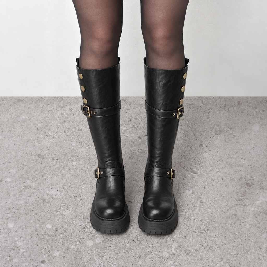 Lil Cacti Briony Buckle Platform Tall Boots in Black model styling view 4