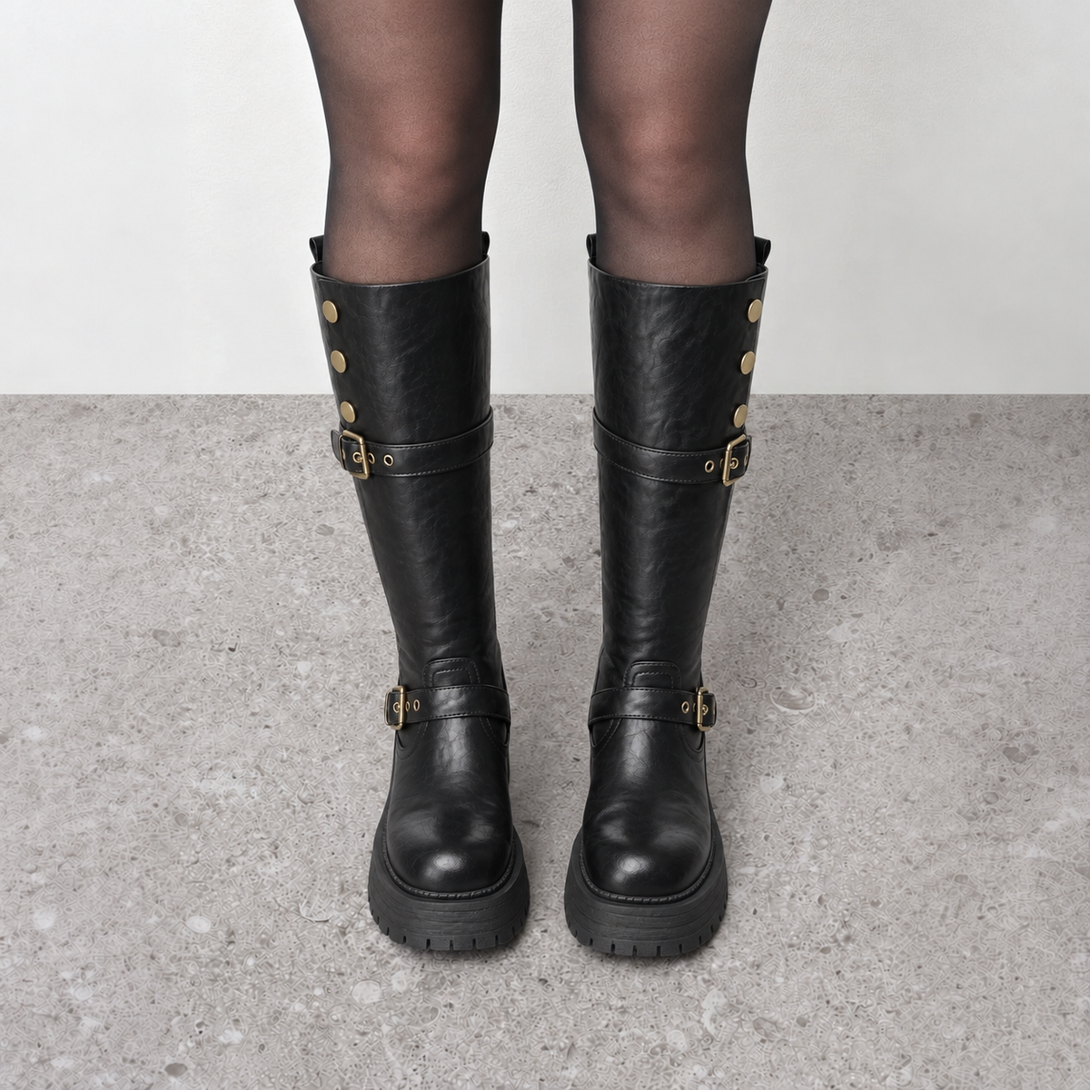 Lil Cacti Briony Buckle Platform Tall Boots in Black model styling view 4