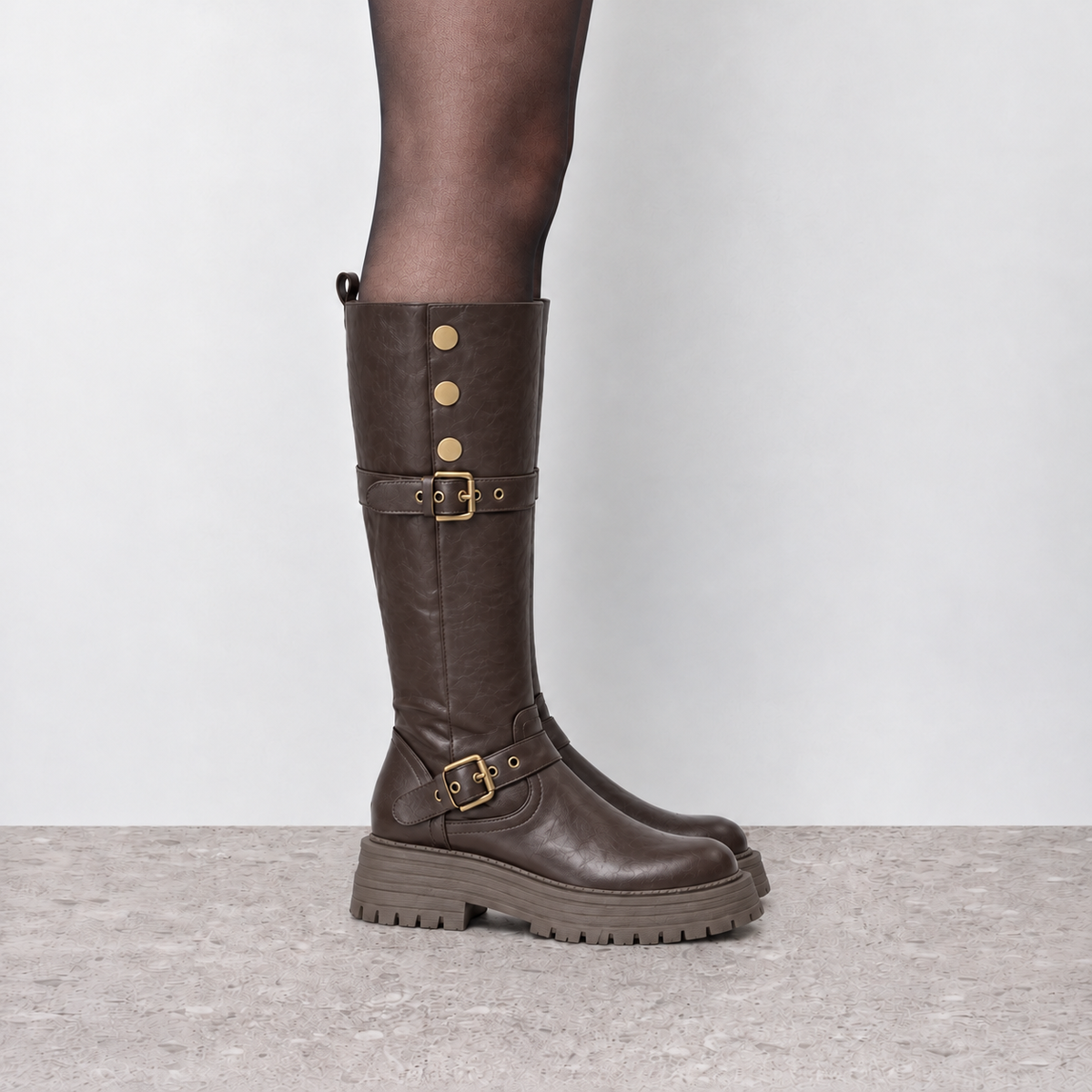 Lil Cacti Briony Buckle Platform Tall Boots in Brown model styling view 10
