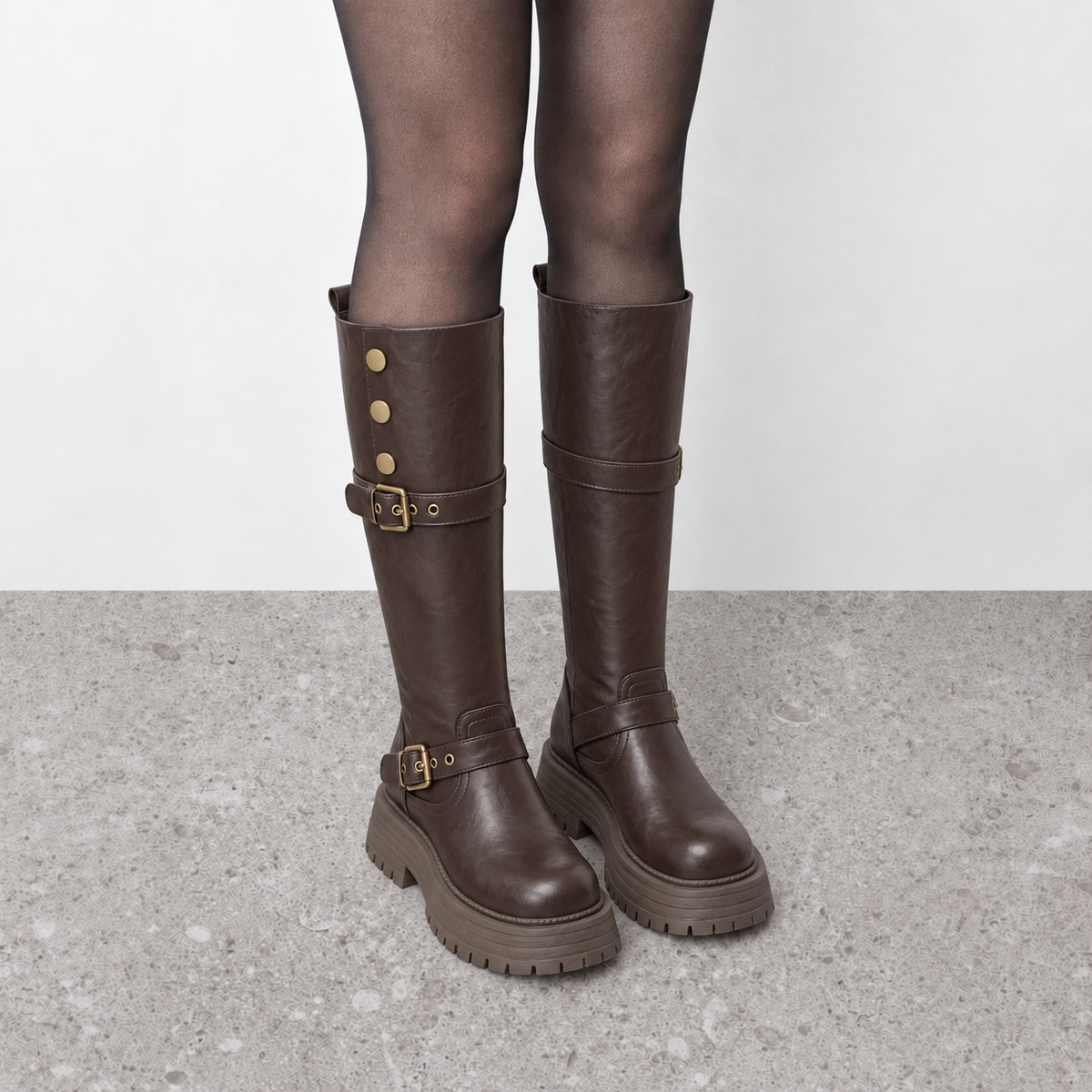 Lil Cacti Briony Buckle Platform Tall Boots in Brown model styling view 11