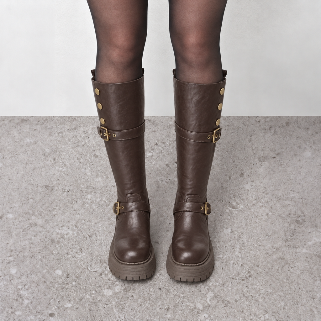 Lil Cacti Briony Buckle Platform Tall Boots in Brown model styling view 12