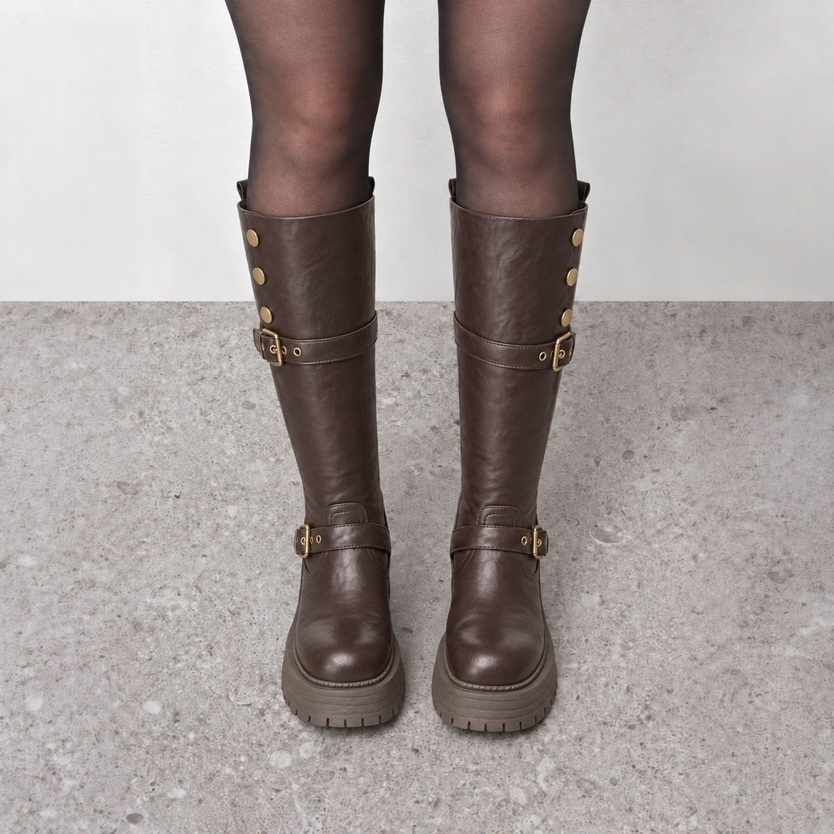 Lil Cacti Briony Buckle Platform Tall Boots in Brown model styling view 12