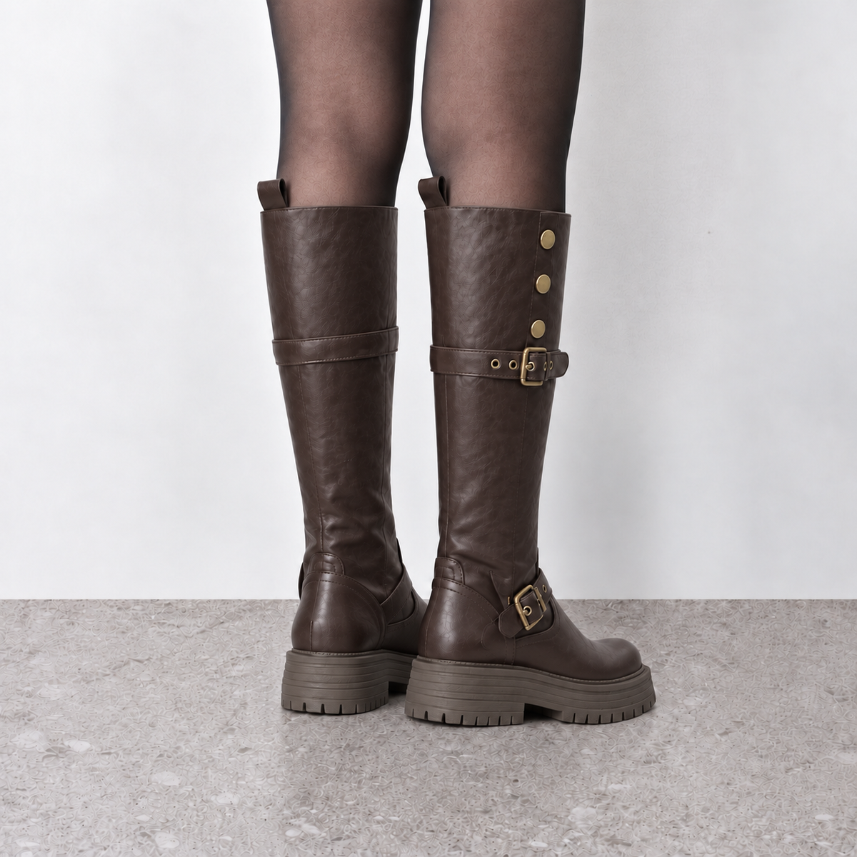 Lil Cacti Briony Buckle Platform Tall Boots in Brown model styling view 13