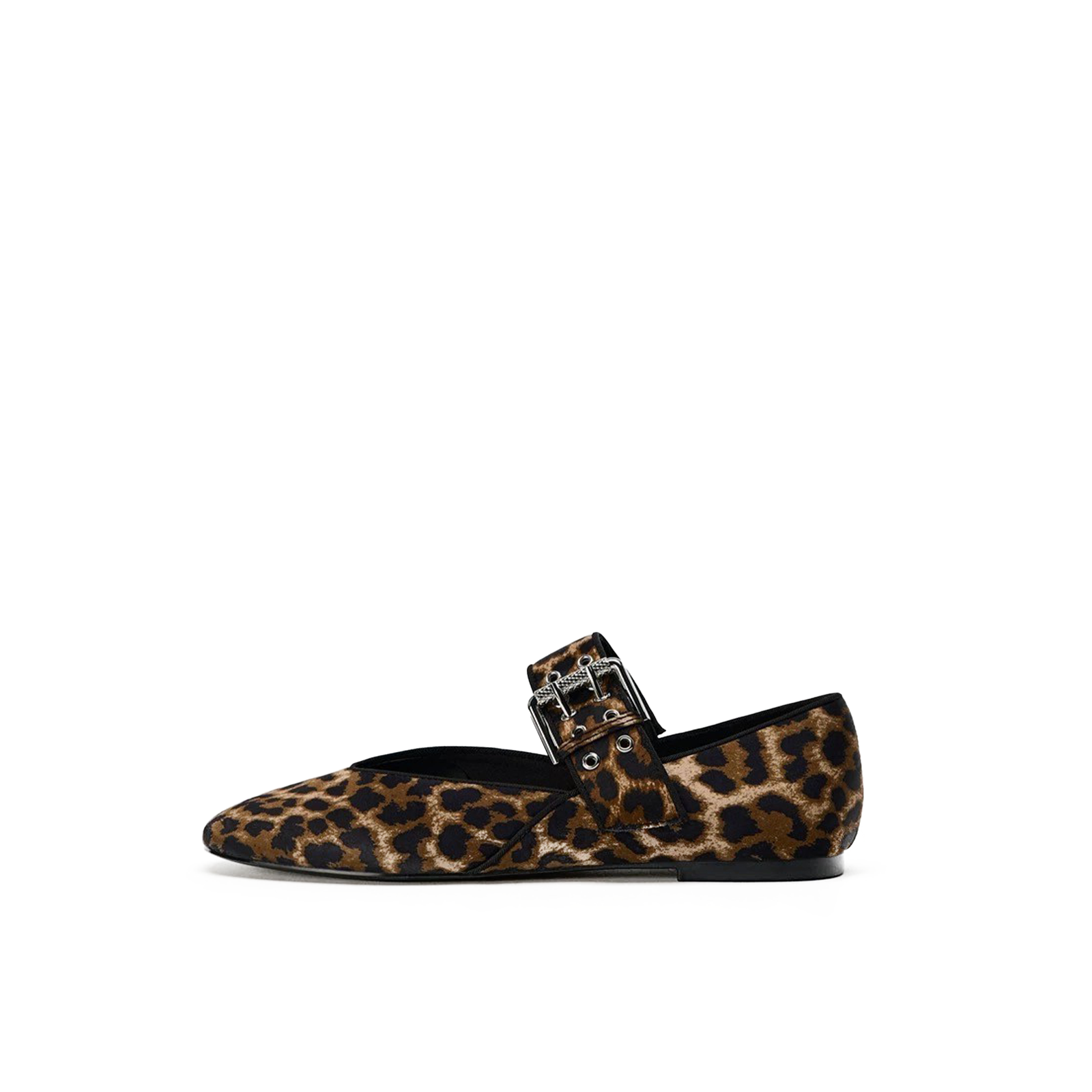 Leopard print flat shoe with a buckle on a white background