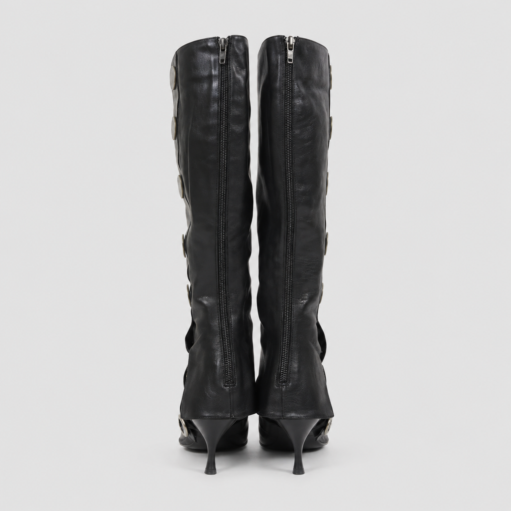Lil Cacti Calla black coin-detail tall boots pair back view