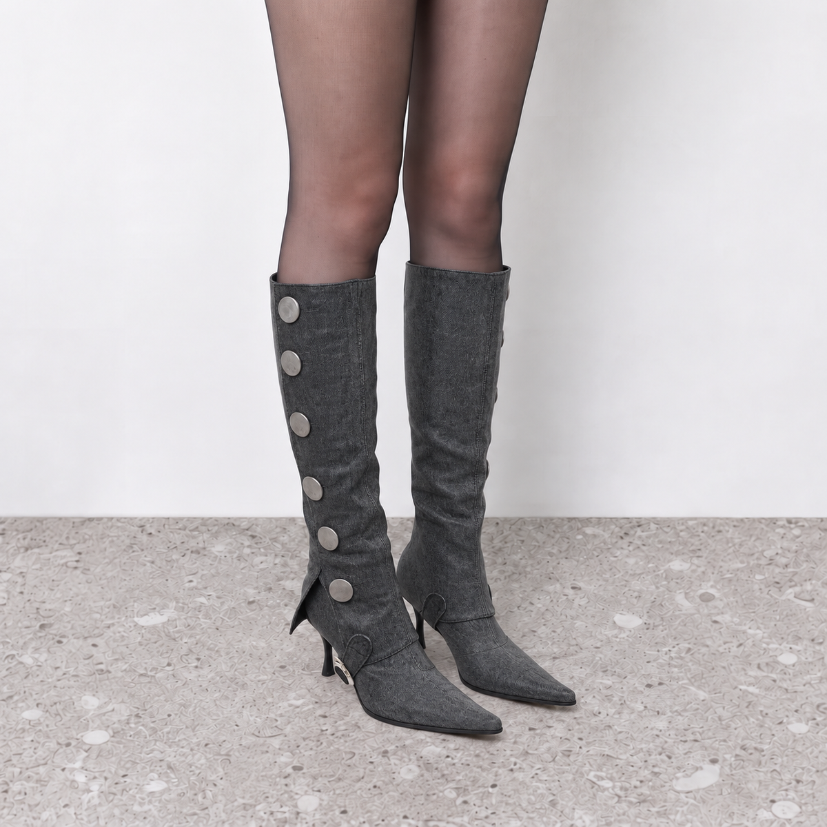 Lil Cacti Calla dark gray washed denim coin-detail tall boots model view two