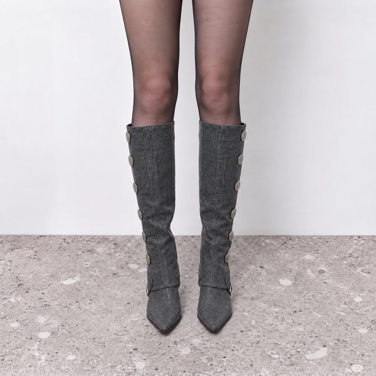 Lil Cacti Calla dark gray washed denim coin-detail tall boots model view three