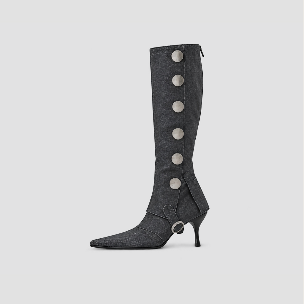 Lil Cacti Calla dark gray washed denim coin-detail tall boots single-boot side view