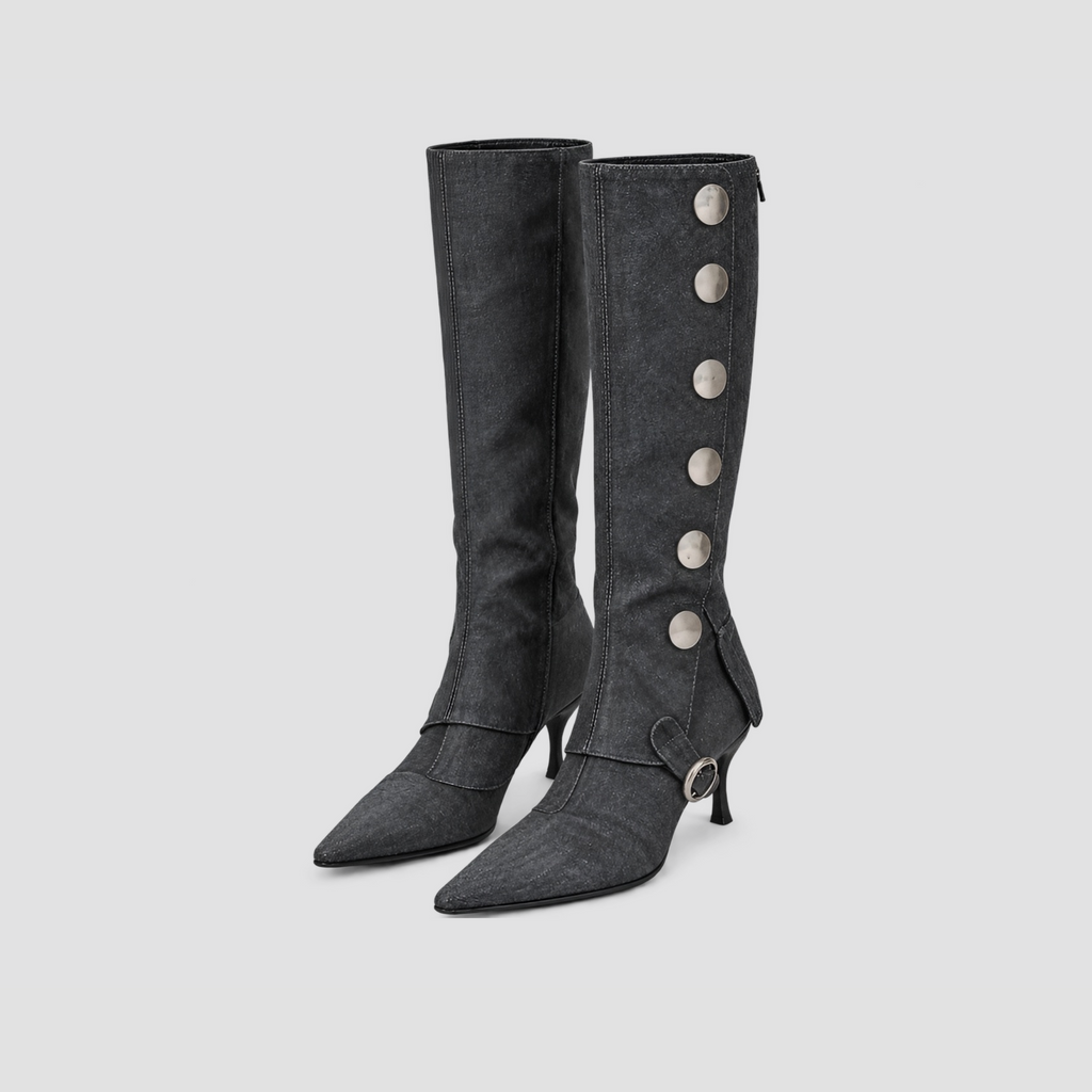 Lil Cacti Calla dark gray washed denim coin-detail tall boots angled pair view