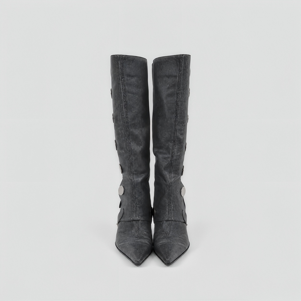 Lil Cacti Calla dark gray washed denim coin-detail tall boots pair front view