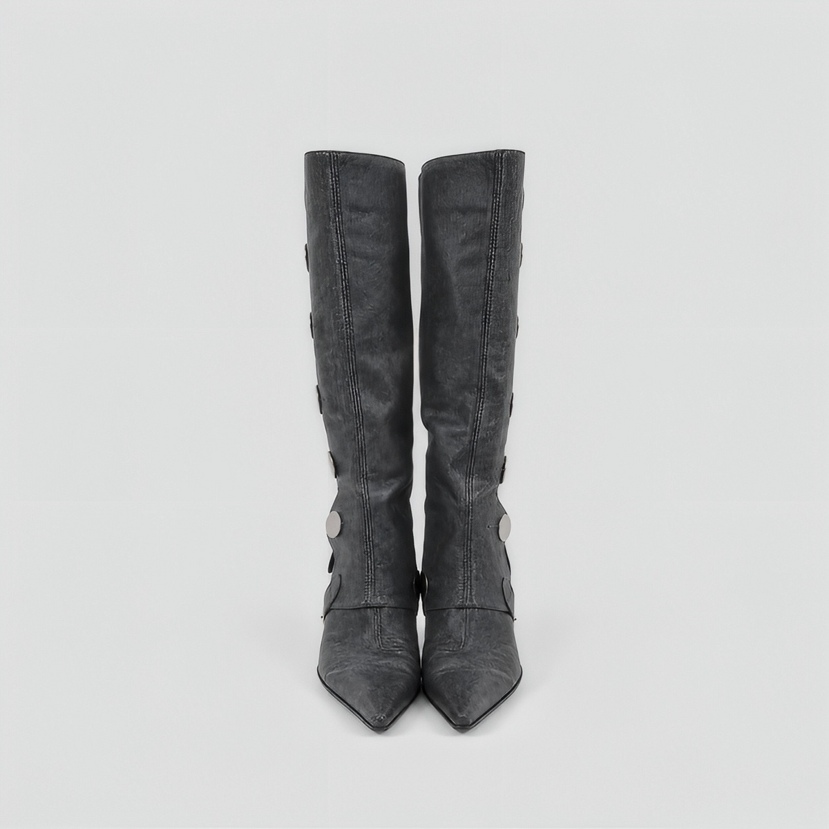 Lil Cacti Calla dark gray washed denim coin-detail tall boots pair front view