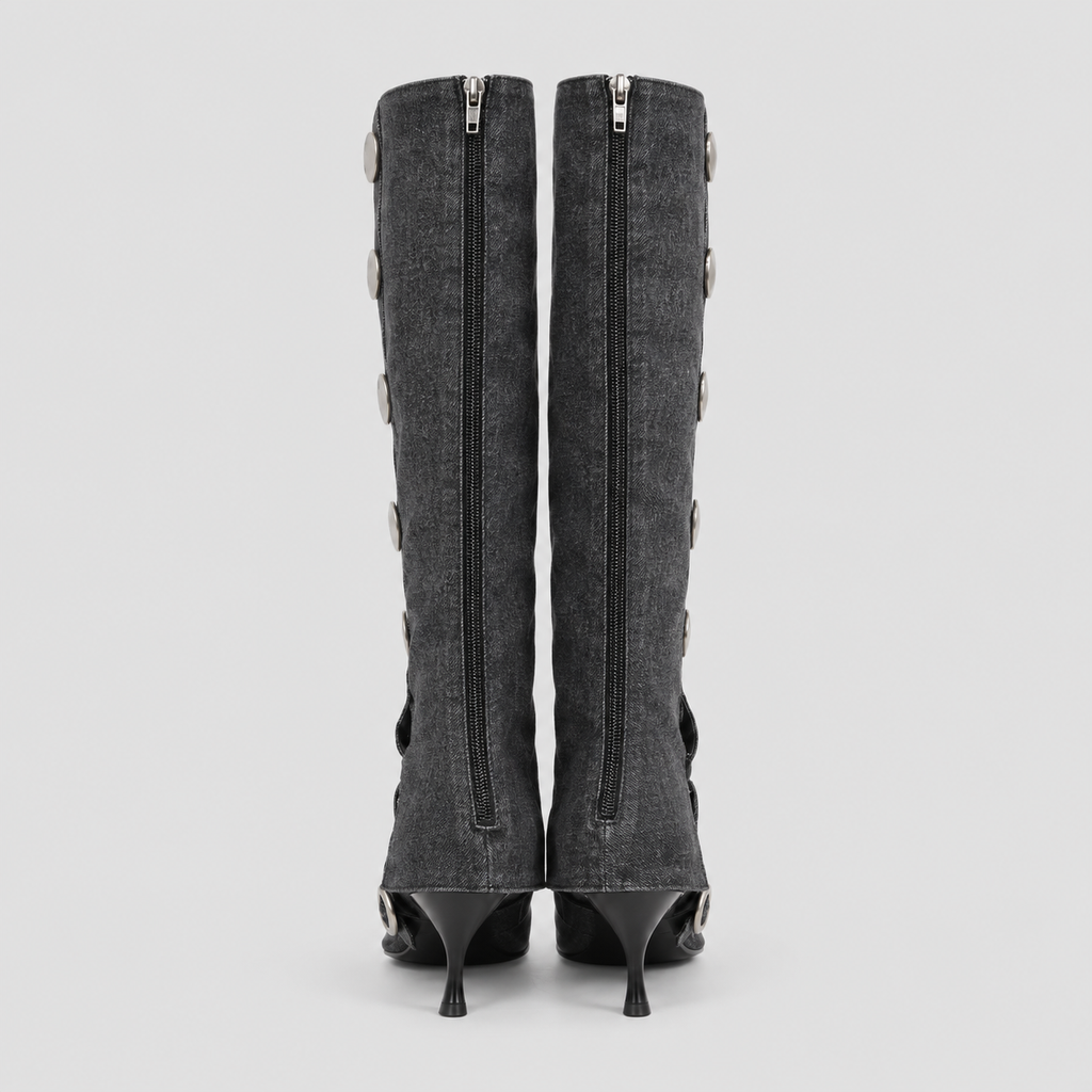 Lil Cacti Calla dark gray washed denim coin-detail tall boots pair back view